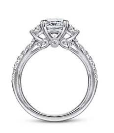 14K White Gold Cushion Cut Three Stone Diamond Engagement Ring by Gabriel