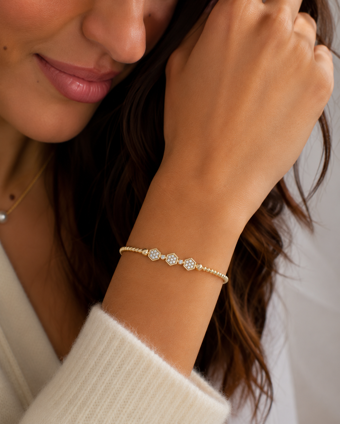 14K Yellow Gold Bujukan Bead Cuff Bracelet with Cluster Diamond Hexagon Stations by Gabriel