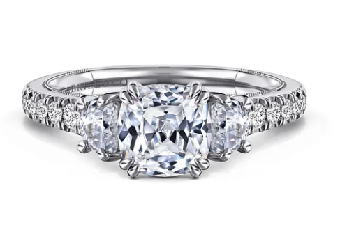 14K White Gold Cushion Cut Three Stone Diamond Engagement Ring by Gabriel