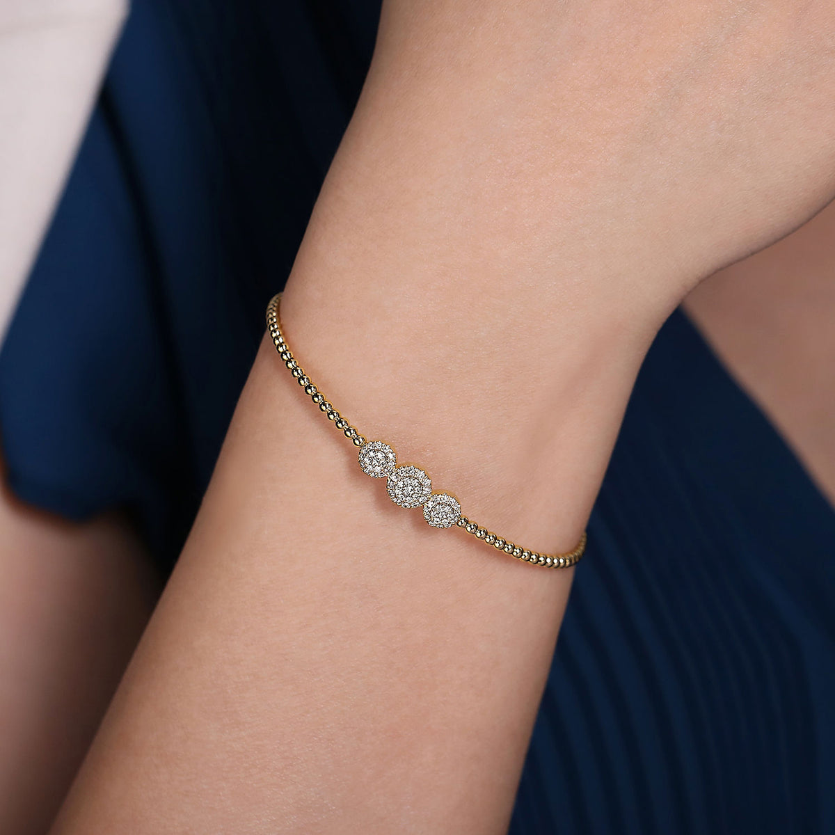 14K Yellow Gold Bujukan Bead Cuff Bracelet with Three Pavé Diamond Stations by Gabriel & Co.