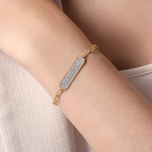 14K Yellow Gold Diamond Pavé Wide Bar Hollow Chain Bracelet By Gabriel & Co.