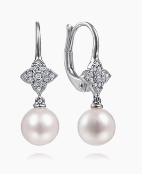 14K White Gold Floral Diamond Pearl Drop Earrings 0.10CTW by Gabriel