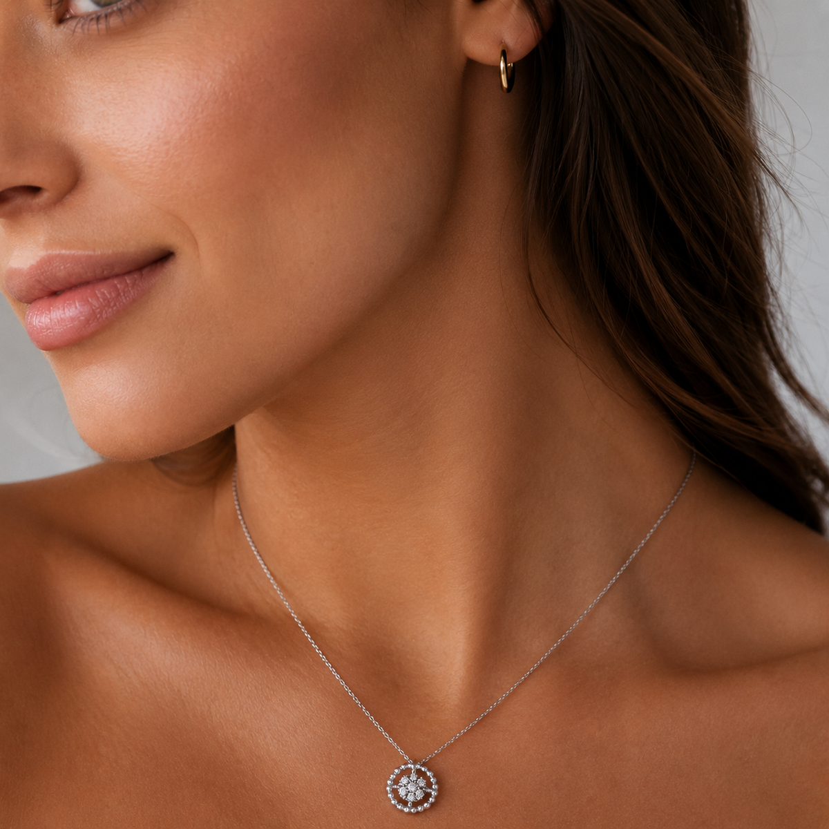 14K White Gold Beaded Round Floating Diamond Pendant Necklace Gabriel & Co.