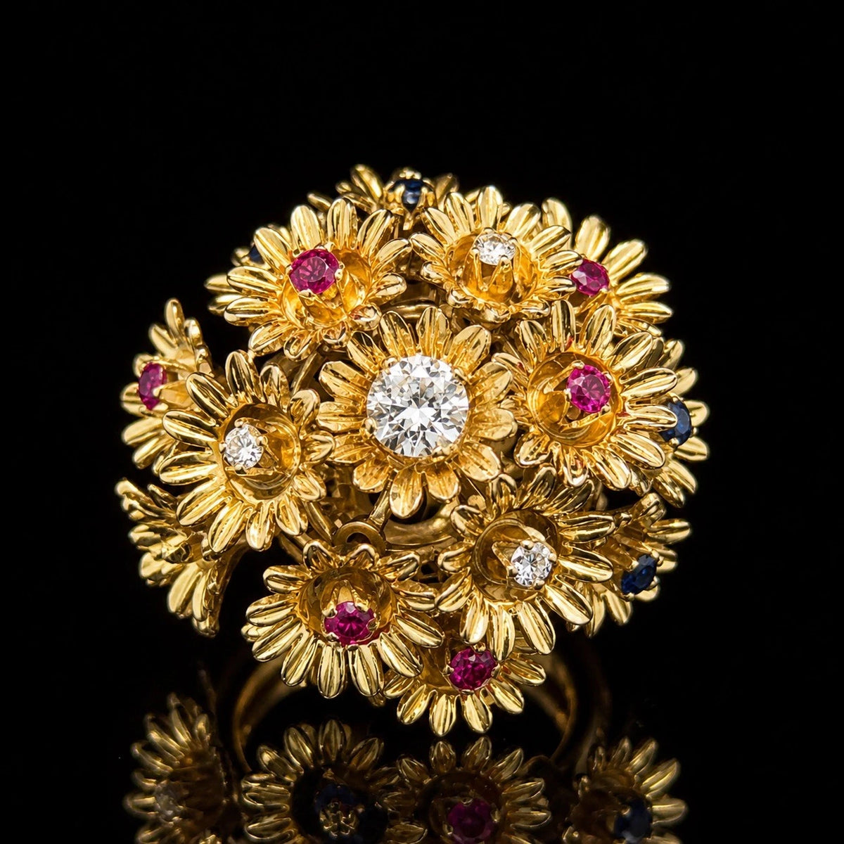 Vintage Estate 18k Yellow Gold Multi Stone Trembler Flower Bouquet Ring