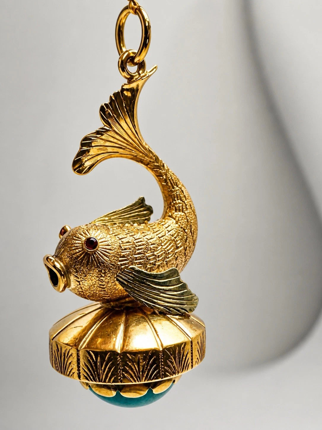 Vintage Estate 18K Yellow Gold Fish Charm Turquoise Ruby Koi Pendant
