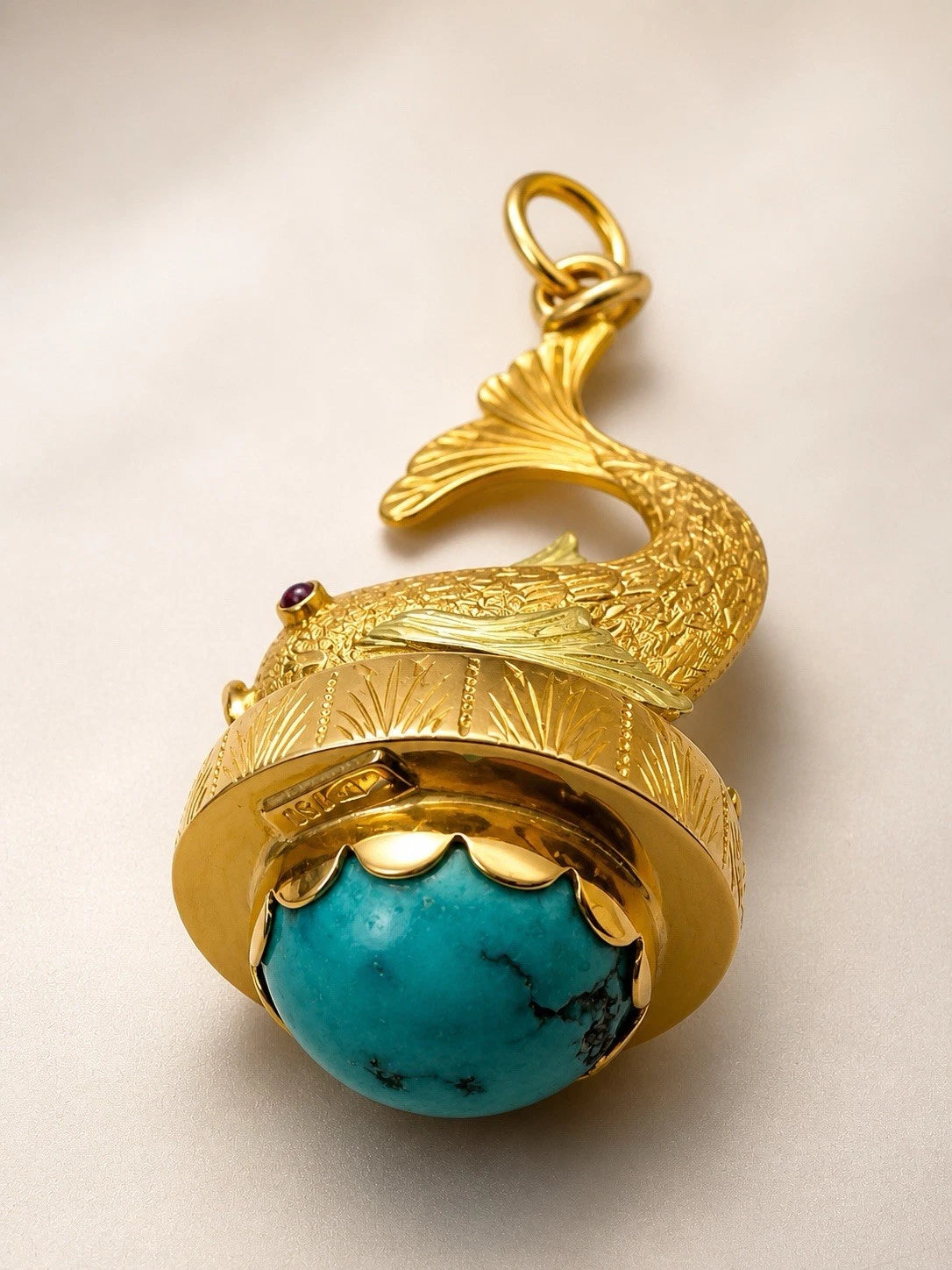 Vintage Estate 18K Yellow Gold Fish Charm Turquoise Ruby Koi Pendant