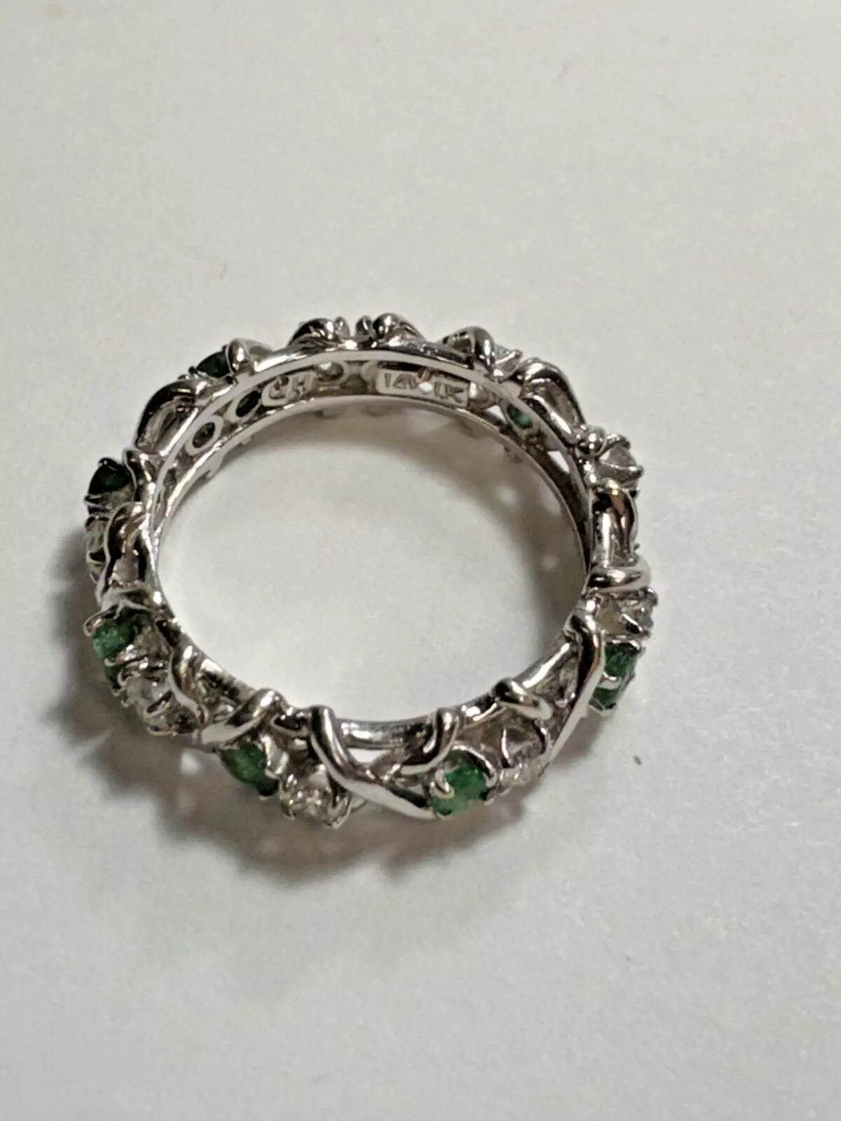 Vintage Estate 14k White Gold Diamond and Emerald Ring