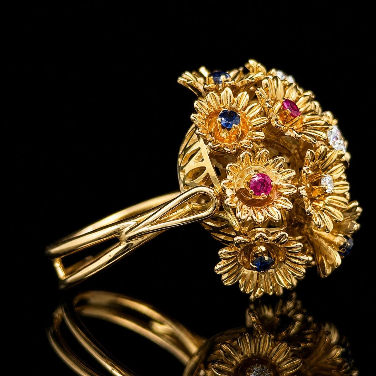Vintage Estate 18k Yellow Gold Multi Stone Trembler Flower Bouquet Ring