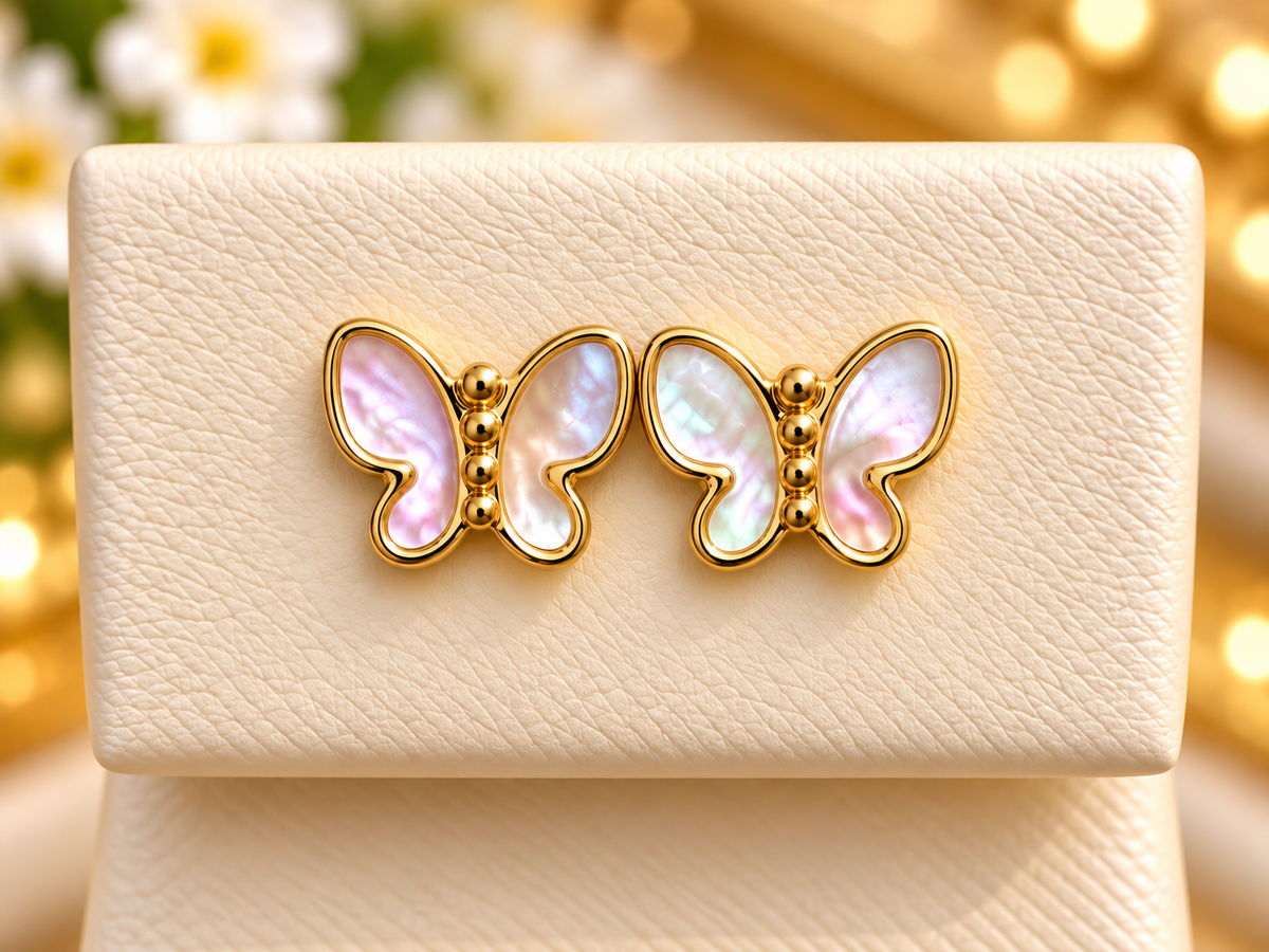 14K Yellow Gold Mother-of-Pearl Children Butterfly Stud Earrings – Elegant Iridescent Wings