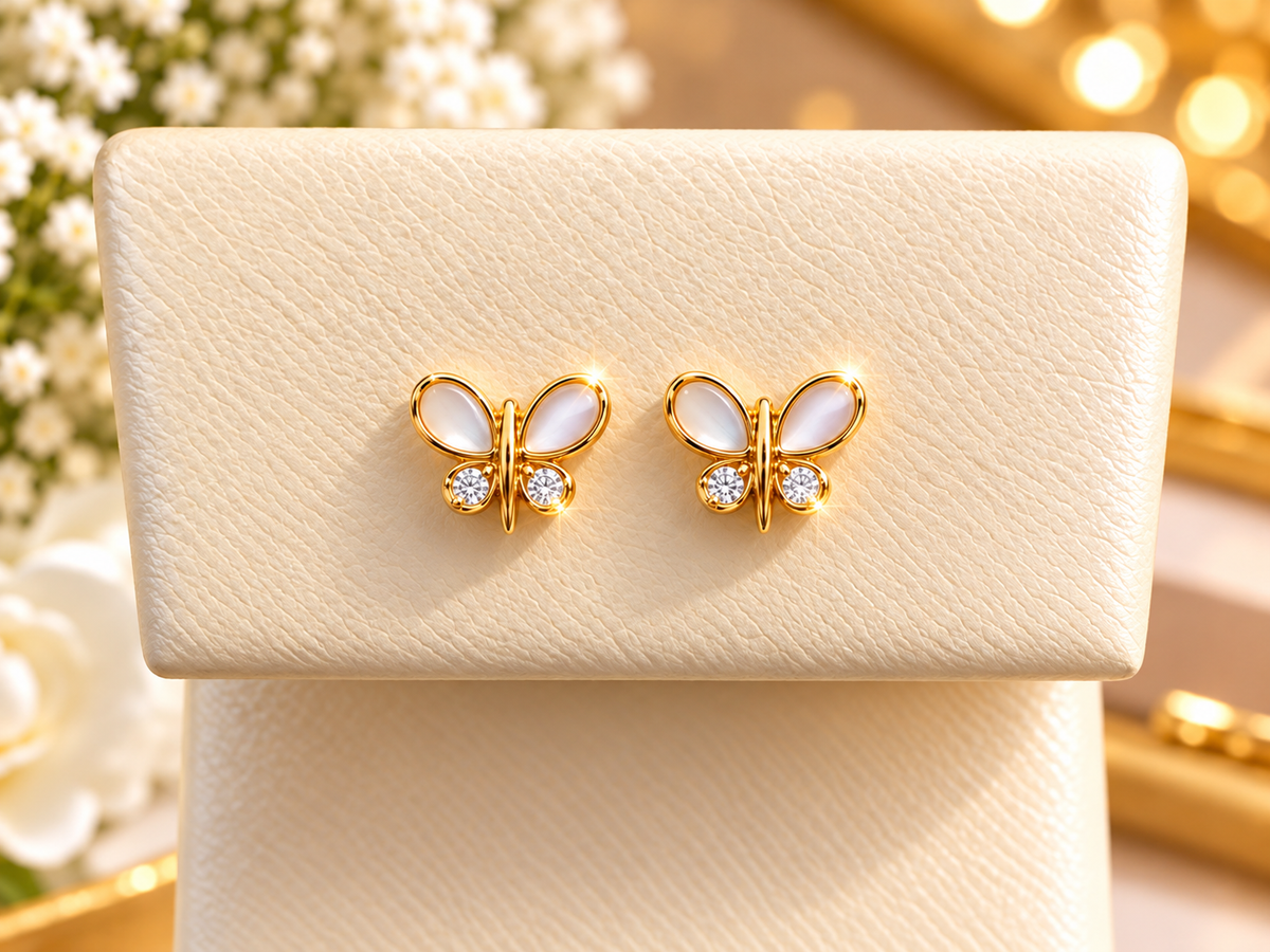 14K Yellow Gold Children Mother-of-Pearl Butterfly Stud Earrings