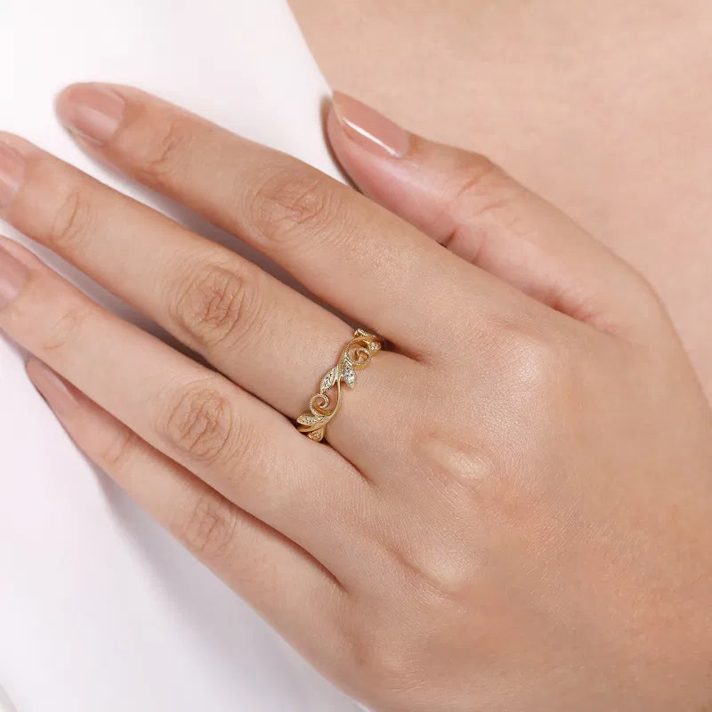 14K YELLOW Gold Scrolling Floral Diamond Ring
