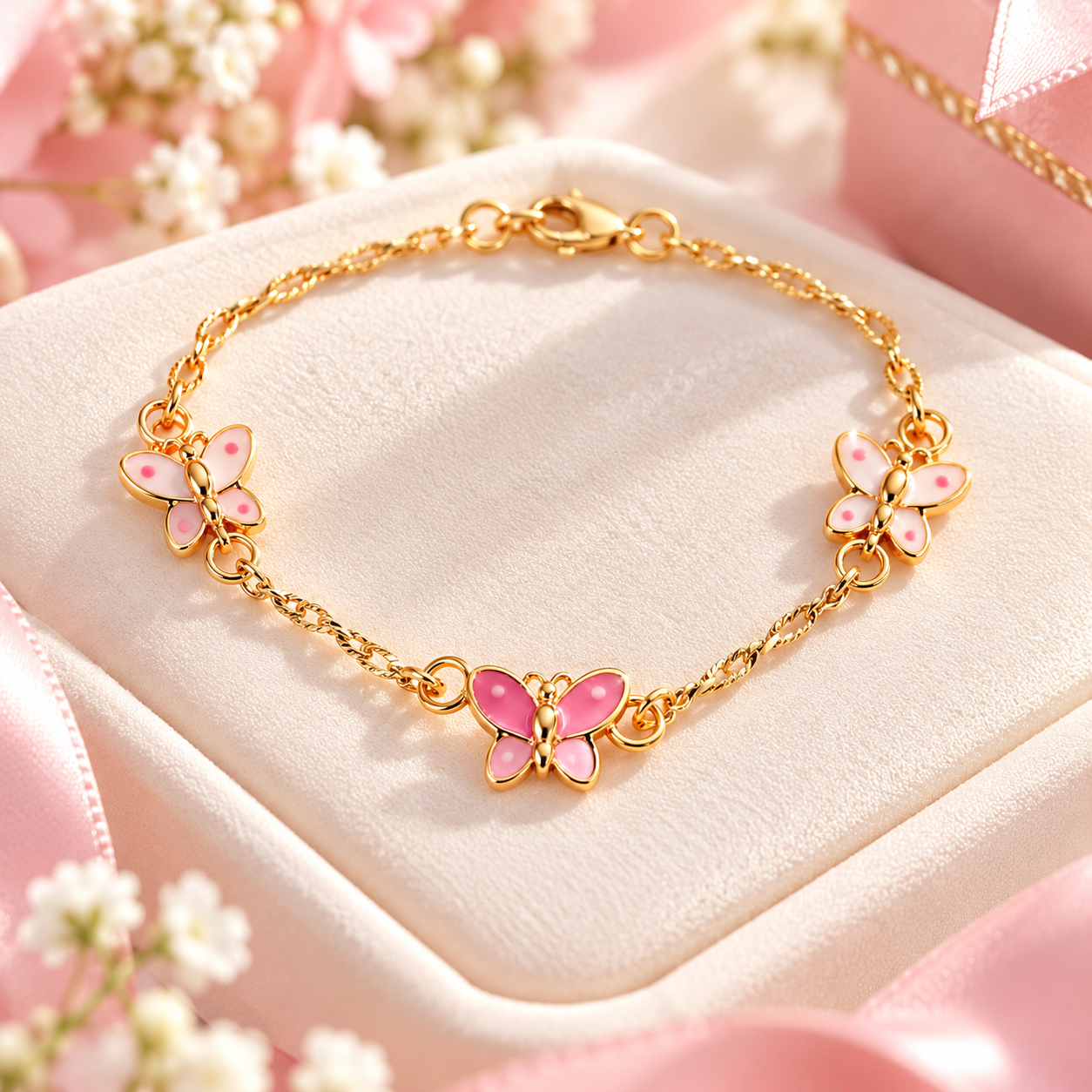 14K Yellow Gold Children's Pink Butterfly Bracelet