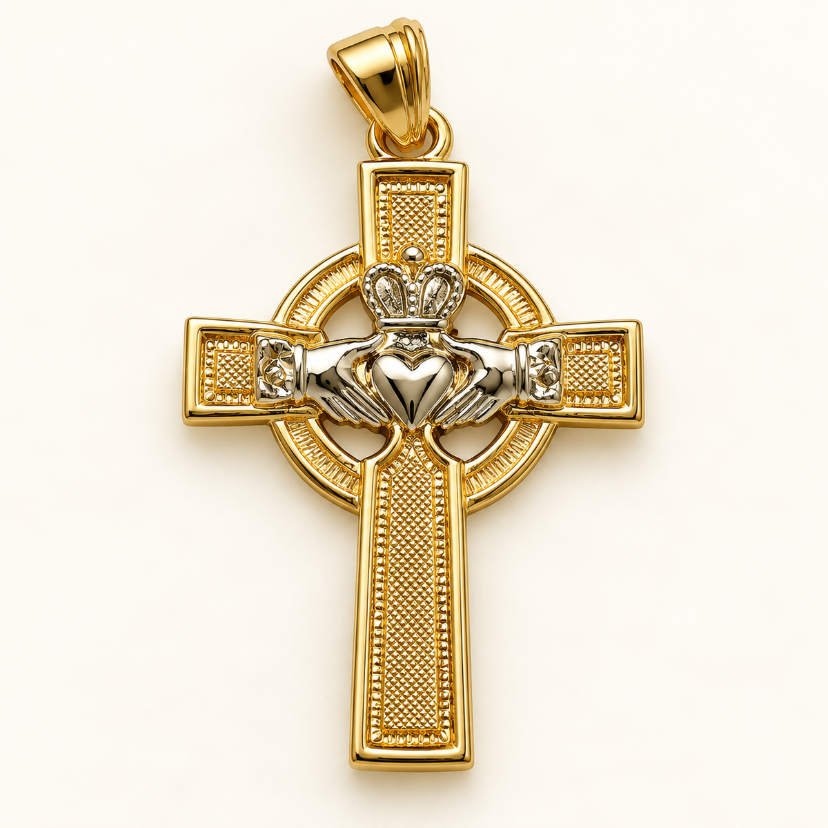 14K Yellow Gold Celtic Cross with Claddagh – Irish Heritage Pendant