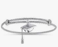 Adjustable Stainless Steel Twisted Cable Bangle with Silver Graduation Cap Charm