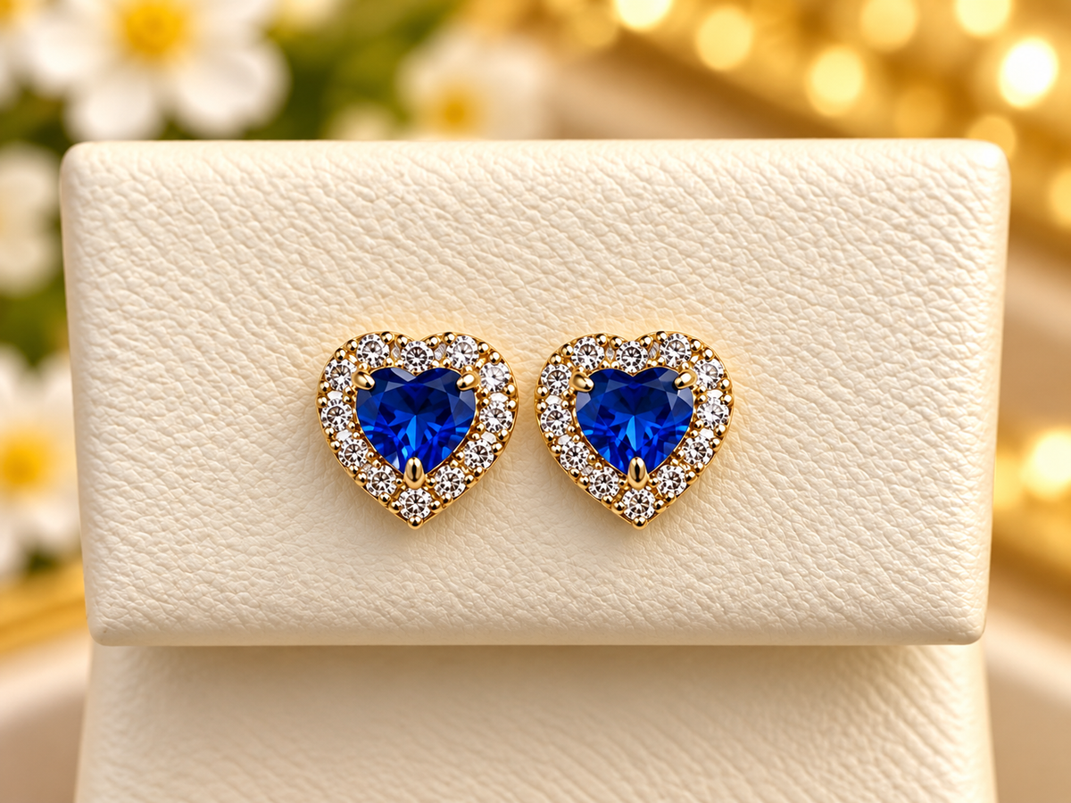 14K Yellow Gold Children Blue Cubic Zirconia Heart Halo Stud Earrings