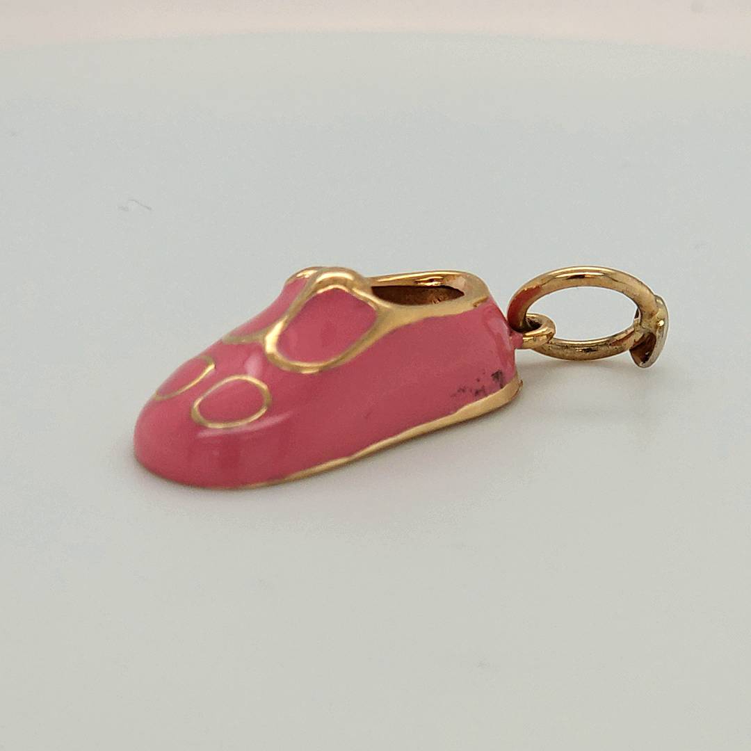 14K Yellow Gold and Pink Enamel Baby Shoe Charm