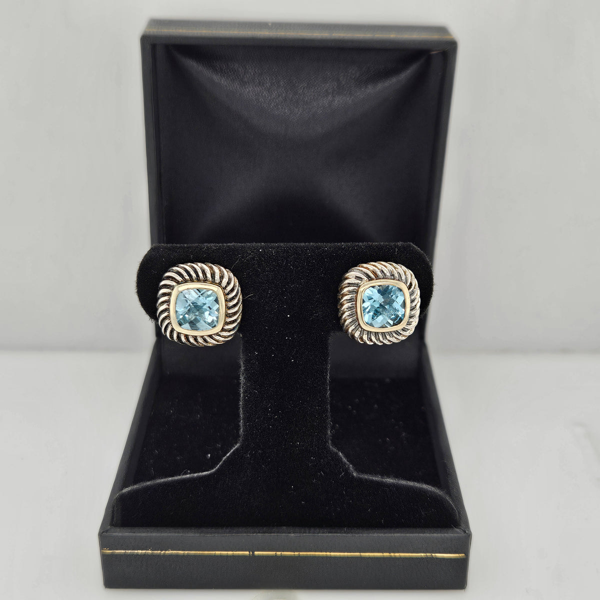 DAVID YURMAN Sterling Silver 14K Yellow Gold Blue Topaz 7mm Albion Earrings-Estate