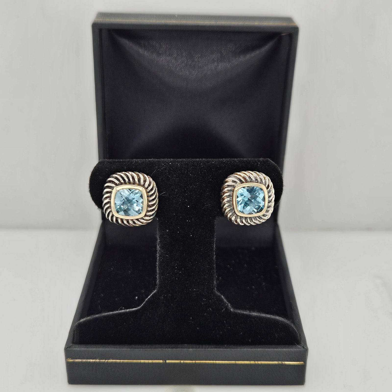 DAVID YURMAN Sterling Silver 14K Yellow Gold Blue Topaz 7mm Albion Earrings-Estate
