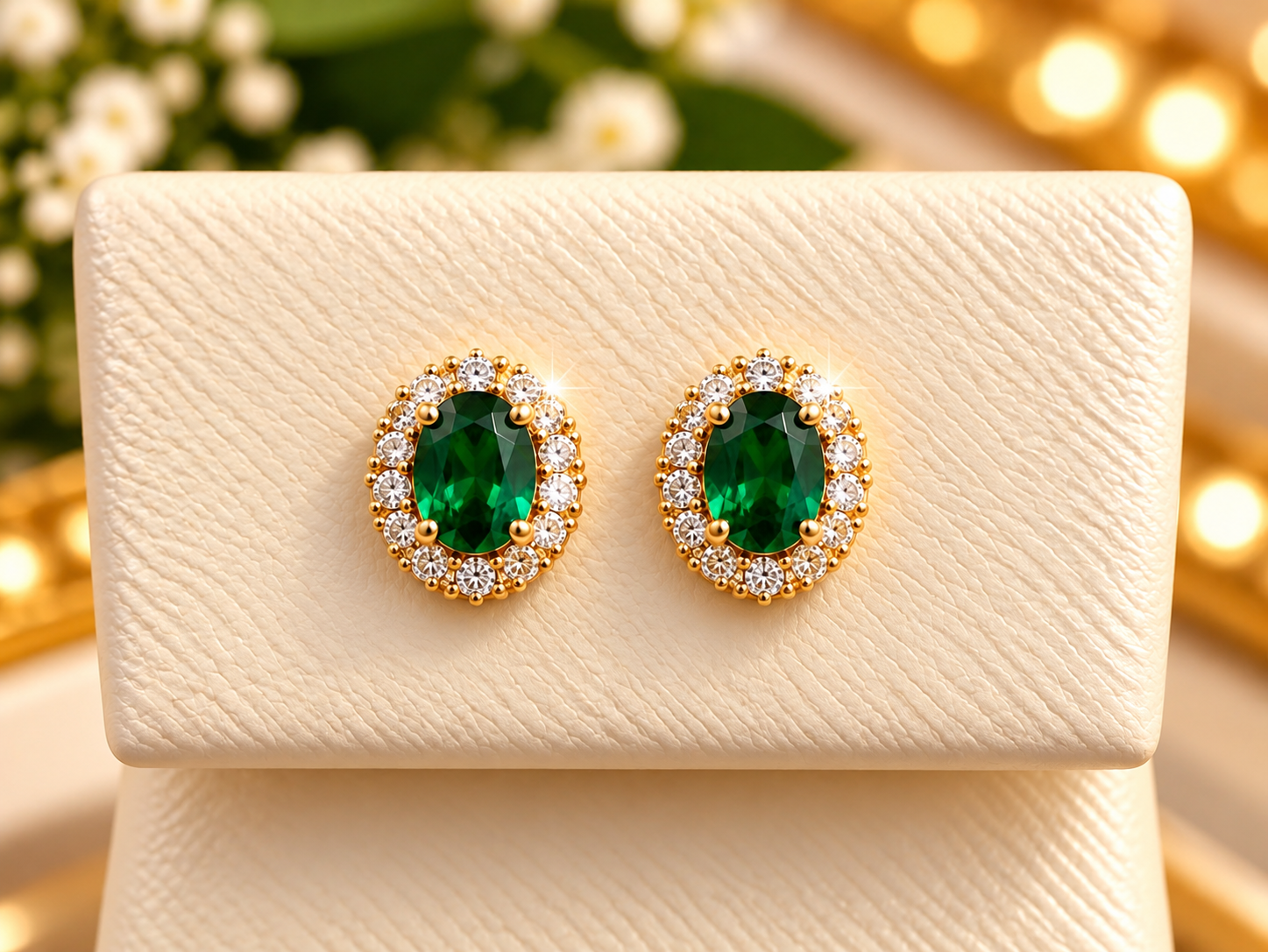 14K Yellow Gold Children  Emerald Oval Halo Stud Earrings with Diamond Accents