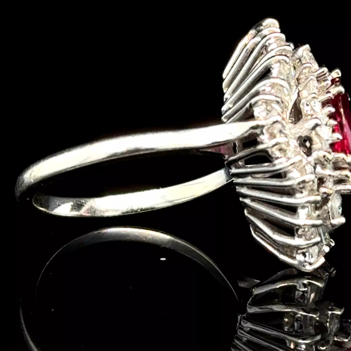 Vintage Estate 14k White Gold Baguette Diamond Ballarina Cocktail Ring With Ruby