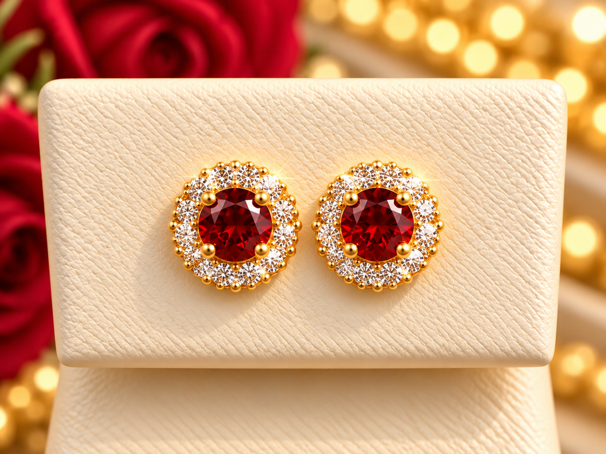 14K Yellow Gold Children Garnet &amp; CZ Halo Stud Earrings