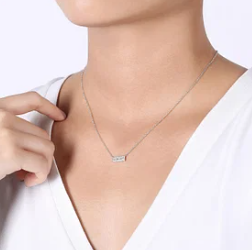 14K White Gold Baguette and Round Diamond Rectangle Pendant Necklace