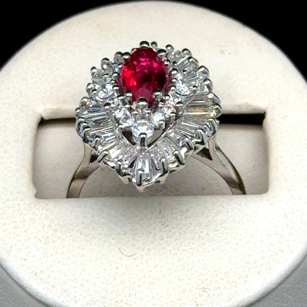 Vintage Estate 14k White Gold Baguette Diamond Ballarina Cocktail Ring With Ruby