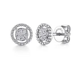 14K White Gold Beaded Halo Diamond Pave Stud Earrings