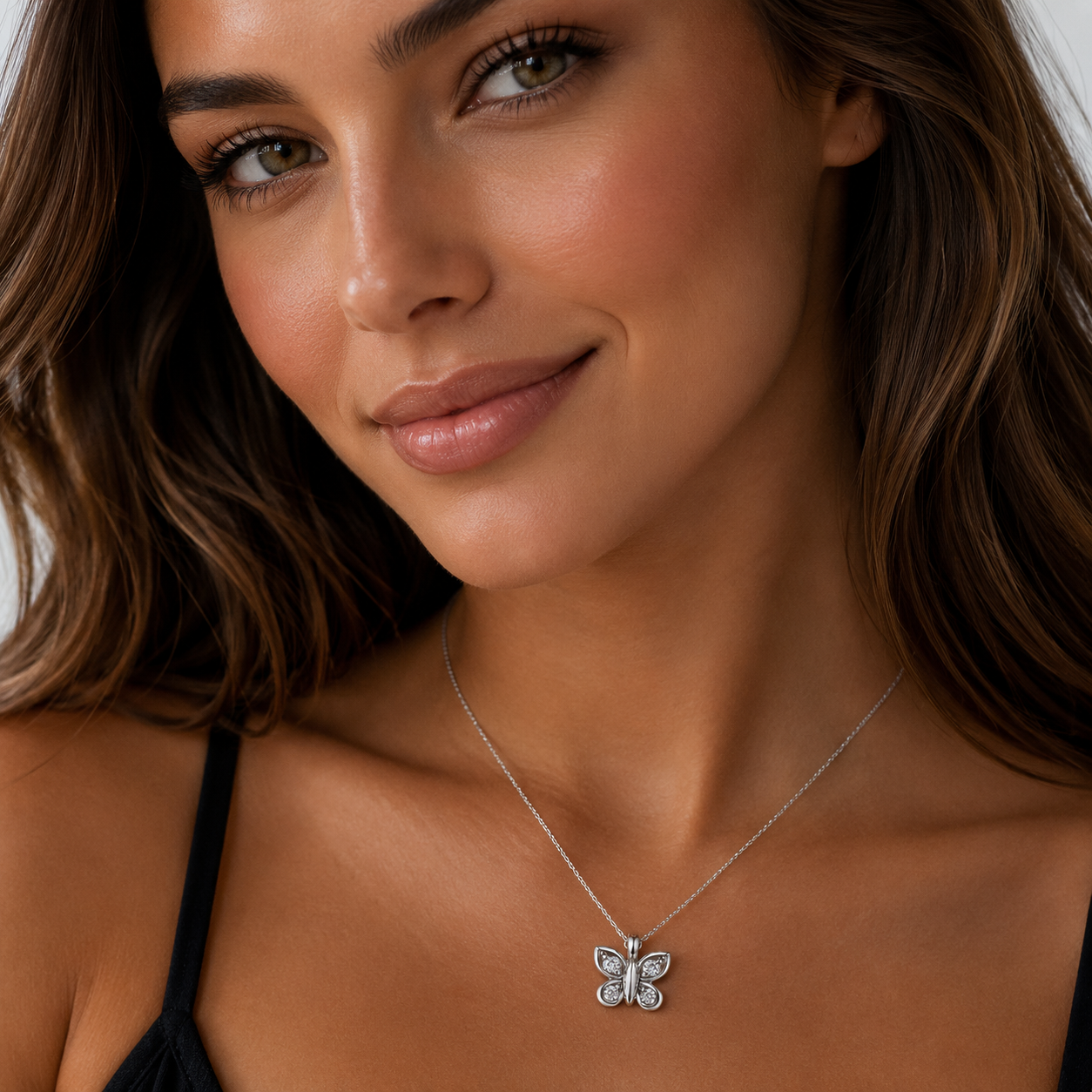 14K White Gold Diamond Butterfly Pendant Necklace