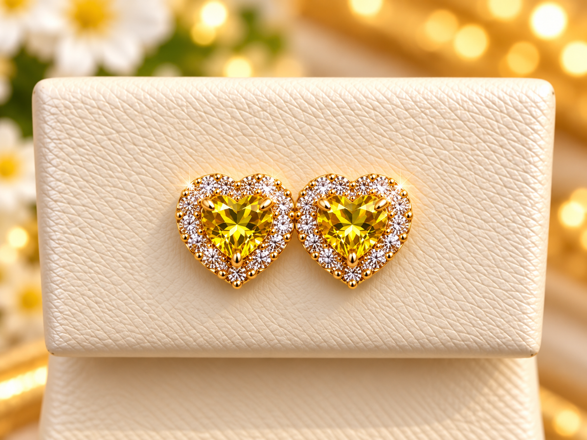 14K Yellow Gold Children Citrine Heart Halo Stud Earrings with Cubic Zirconia Accents