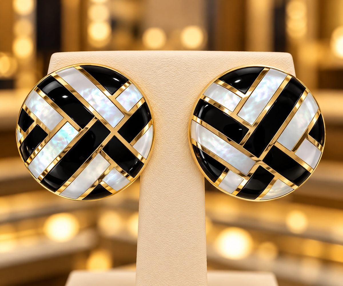 14K Yellow Gold Onyx &amp; Mother-of-Pearl Geometric Statement Earrings