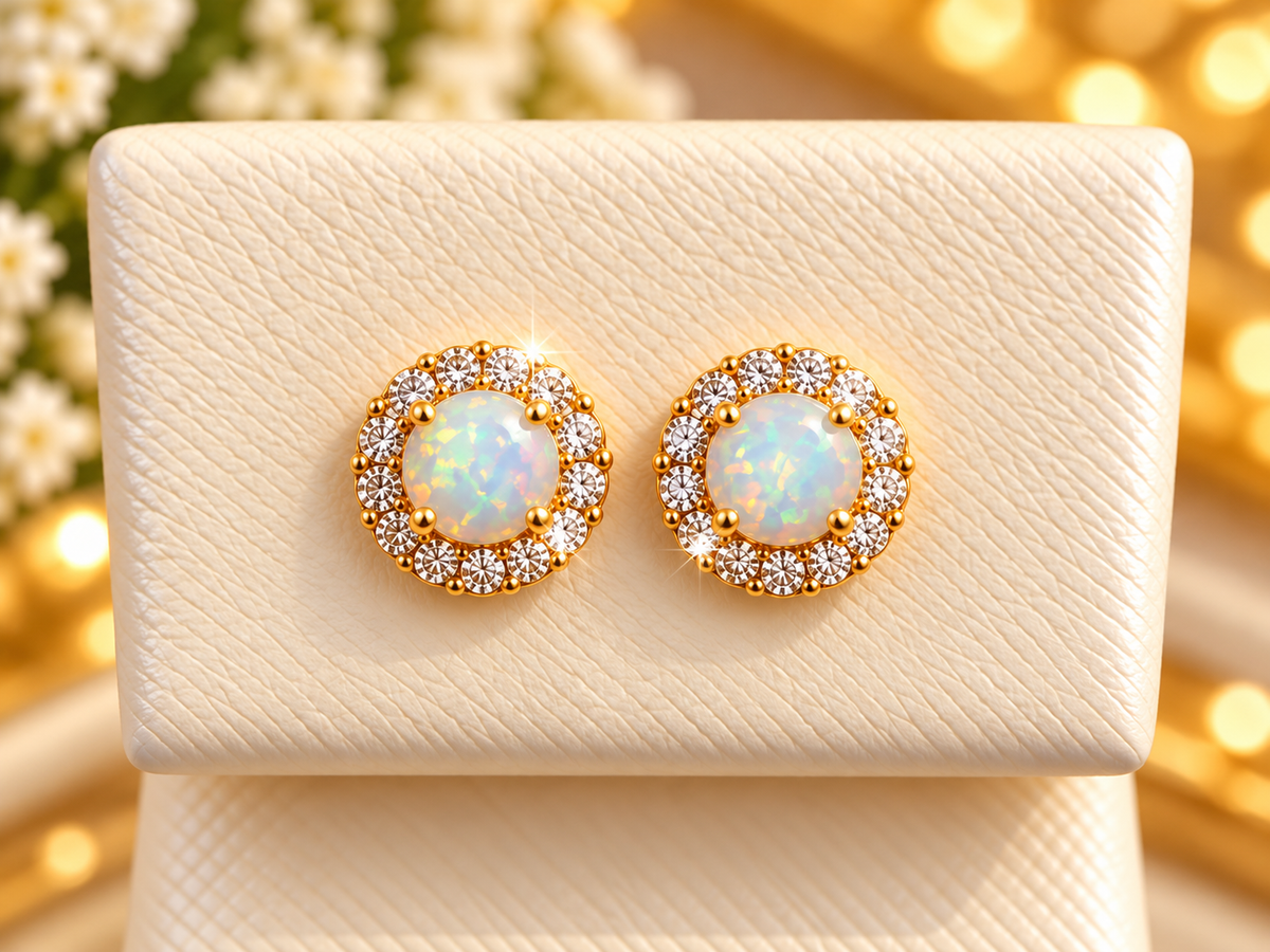 14K Yellow Gold Children Opal Halo Stud Earrings with Sparkling CZ Accents