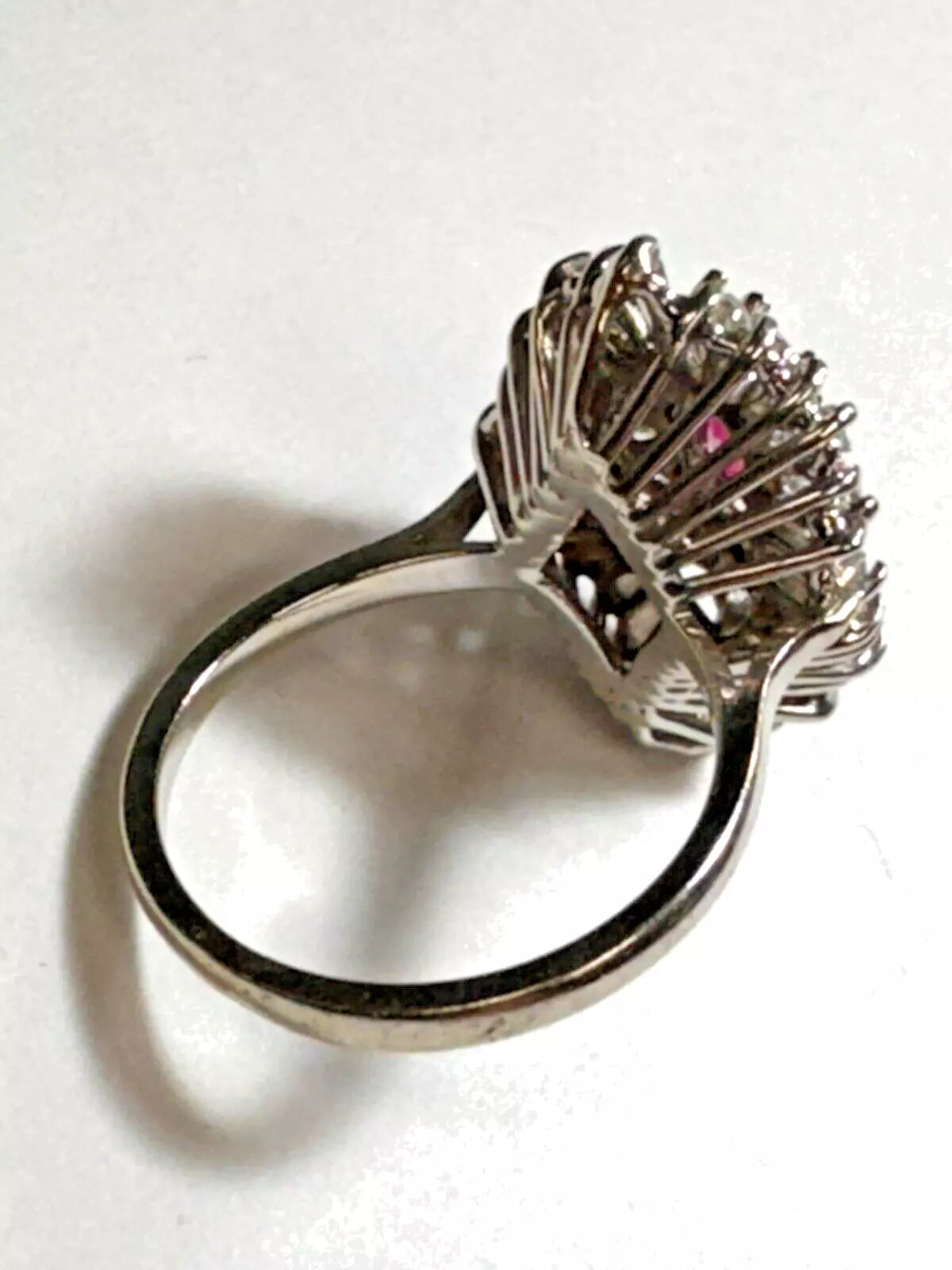 Vintage Estate 14k White Gold Baguette Diamond Ballarina Cocktail Ring With Ruby