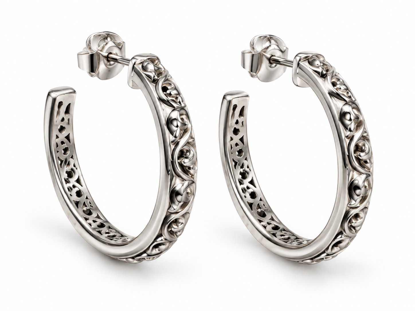 Charles Krypell Sterling Silver Ornate Hoop Earrings – 30mm