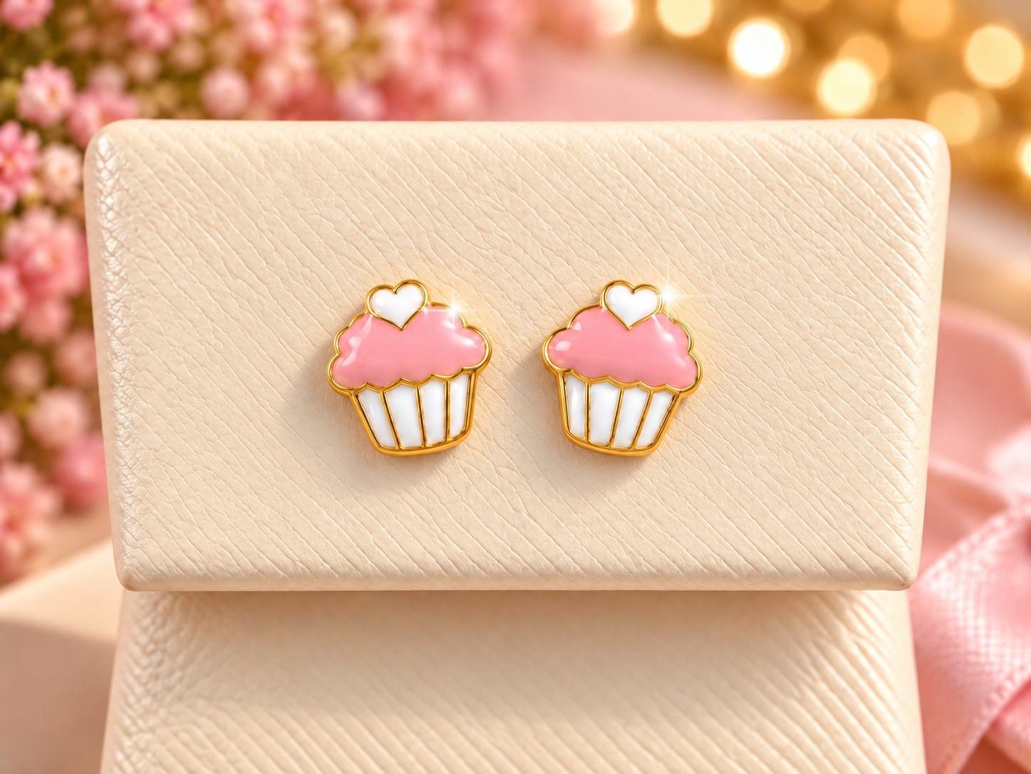 14K Yellow Gold Children Pink Enamel Cupcake Stud Earrings – Cute Novelty Jewelry