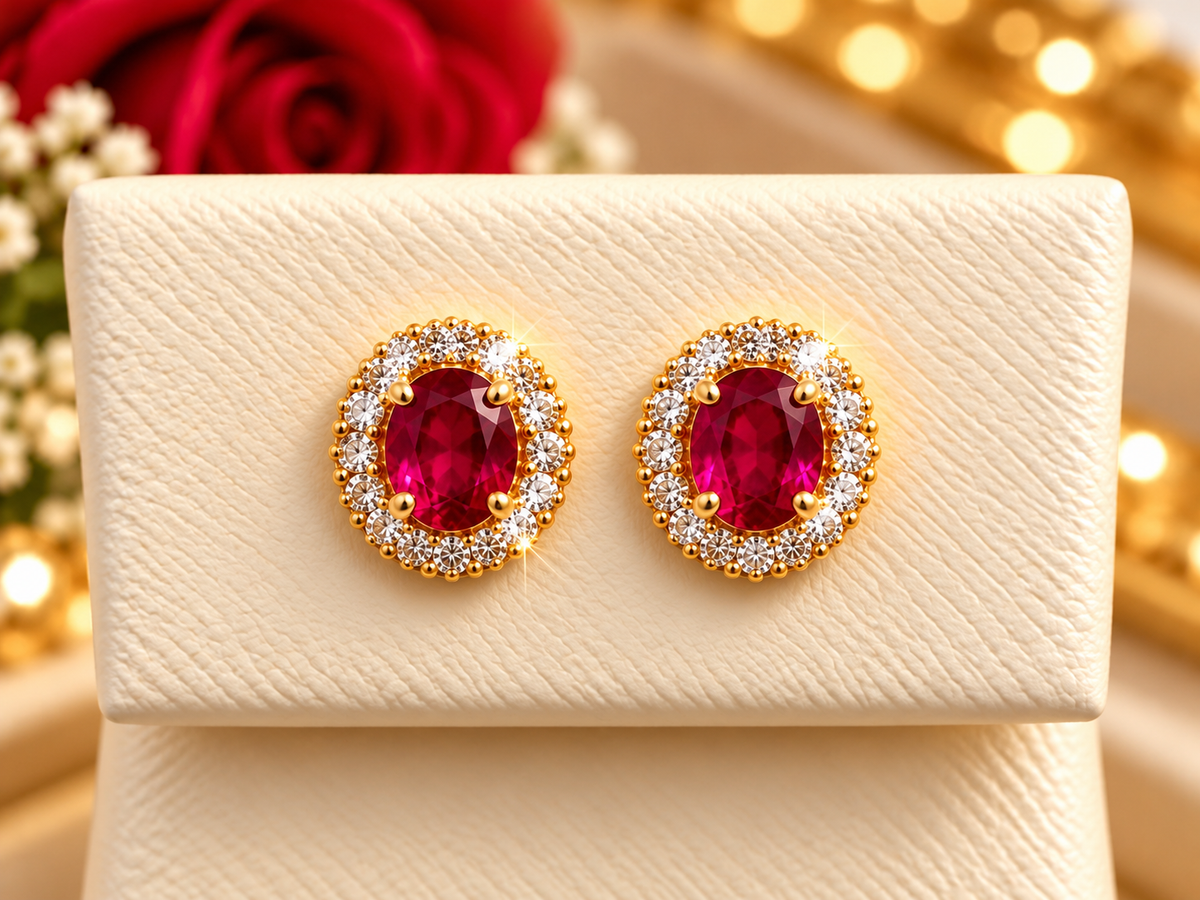 14K Yellow Gold Children Oval Ruby Halo Stud Earrings with Diamond Accents