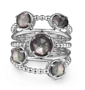 925 Sterling Silver Rock Crystal and Black Mother of Pearl Statement Bubble Ring