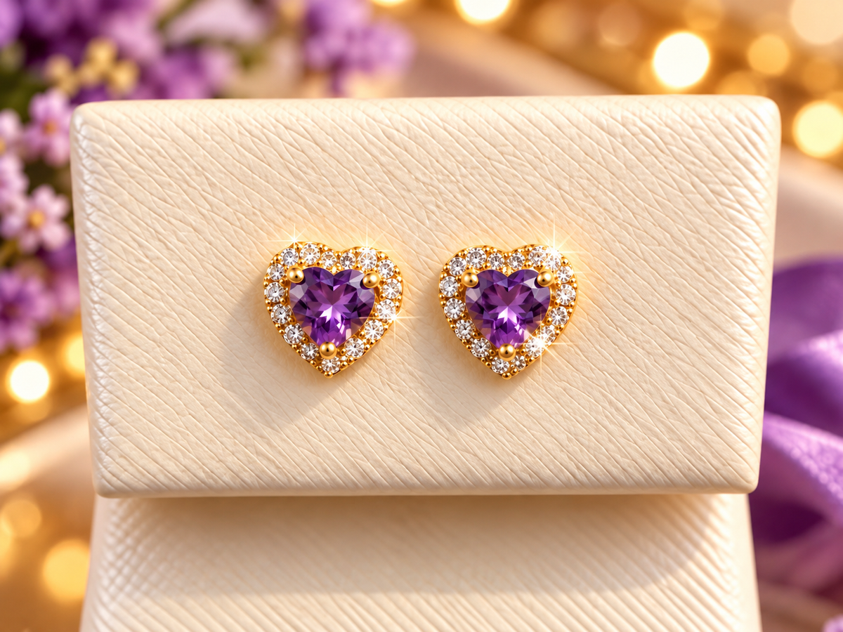 14K Yellow Gold Children Heart-Shaped Amethyst Earrings with Halo Accents