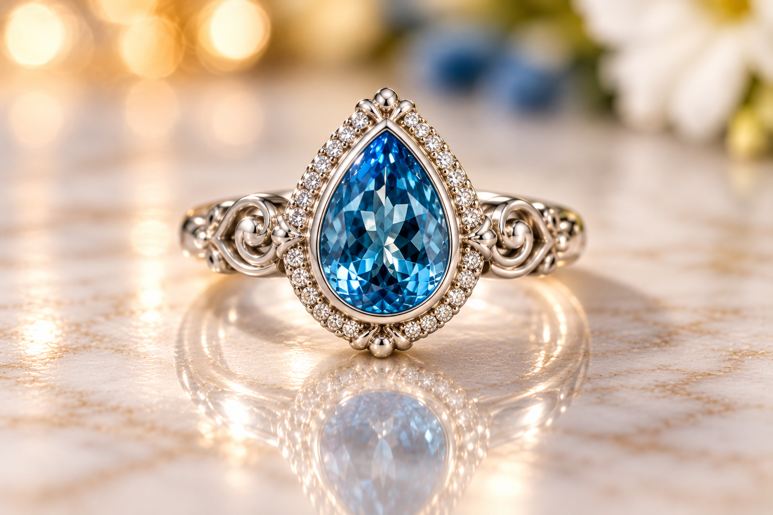 Charles Krypell Blue Topaz Pear-Shaped Gemstone Ring with Diamond Halo – Sterling Silver