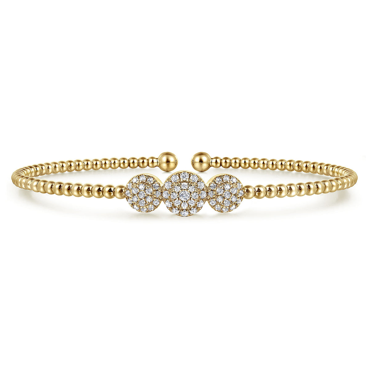 14K Yellow Gold Bujukan Bead Cuff Bracelet with Three Pavé Diamond Stations