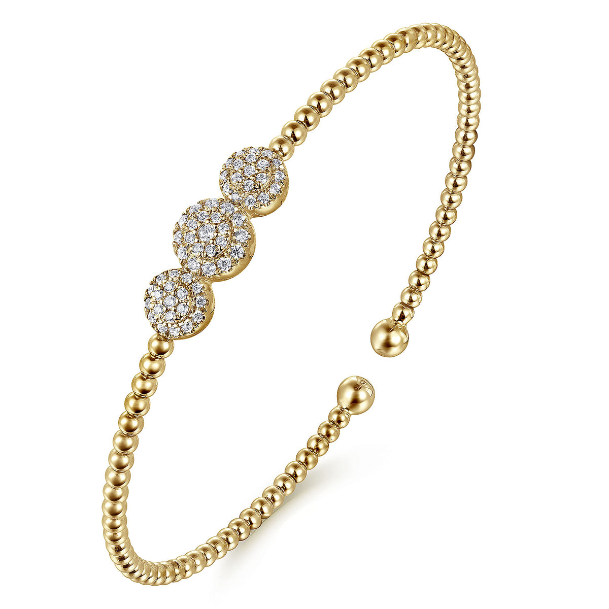 14K Yellow Gold Bujukan Bead Cuff Bracelet with Three Pavé Diamond Stations