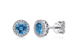 14K White Gold Blue Topaz and Diamond Halo Stud Earrings