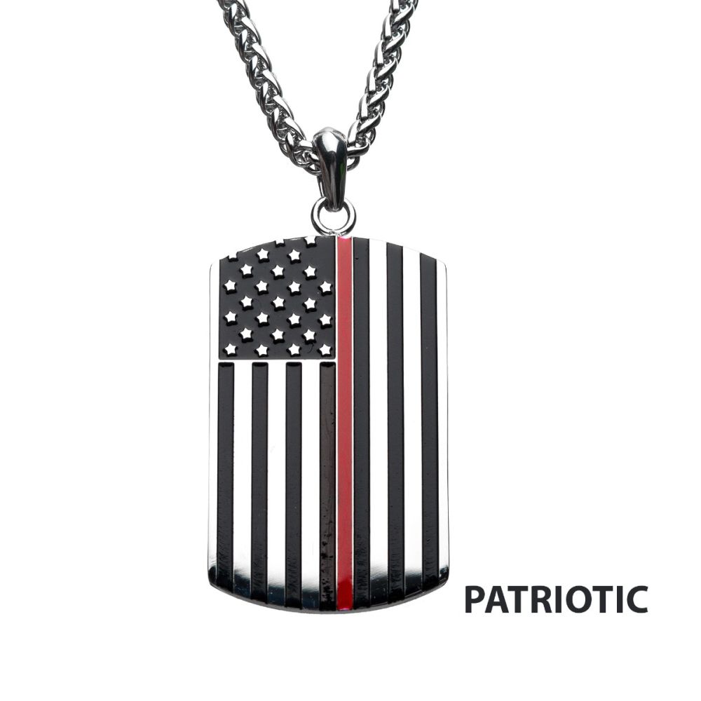 Thin Red Line American Flag Firefighter Military Style Dog Tag Enamel Pendant