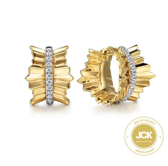 14K Yellow Gold Diamond Huggie in size 15mm with Diamond Cut Texture