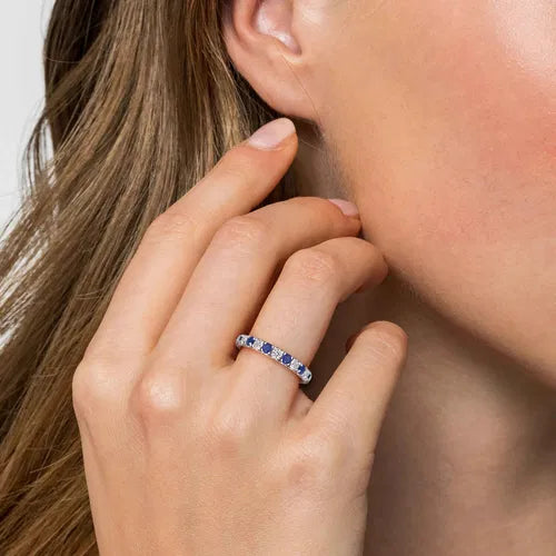 14K White Gold 13 Stone Diamond and Sapphire Anniversary Band