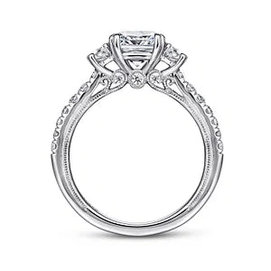 14K White Gold Cushion Cut Three Stone Diamond Engagement Ring-ALOISE