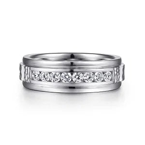 14K White Gold Diamond Mens Wedding Ring in Sand Blast Finish