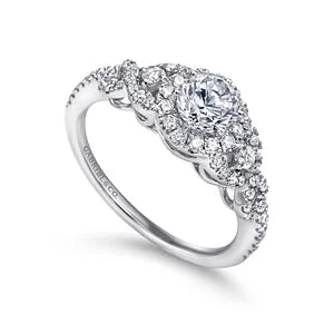 14K White Gold Round Three Stone Halo Diamond Engagement Ring- KALINDA