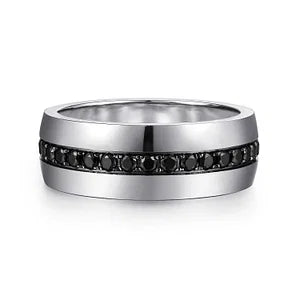 14K White Gold and Black Diamond Wedding Band in High Polished Finish