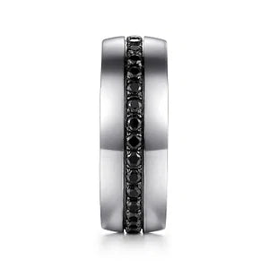 14K White Gold and Black Diamond Wedding Band in High Polished Finish